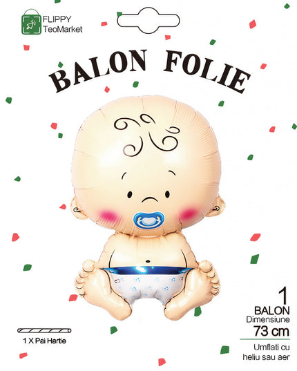 Balon din Folie Metalizata, Figurina Baietel, Tema Botez, 73x48 cm, Ambalaj Individual, Pai Inclus, Umflare cu Aer sau Heliu