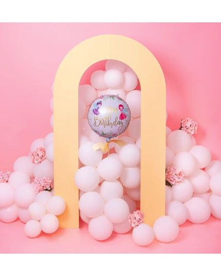 Balon din Folie Metalizata, Figurina Cerc, Model Happy Birthday cu Zane, Tematica Aniversare,Ambalaj Individual, Pai Inclus, Umflare cu Aer sau Heliu