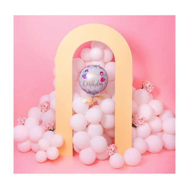 Balon din Folie Metalizata, Figurina Cerc, Model Happy Birthday cu Zane, Tematica Aniversare,Ambalaj Individual, Pai Inclus, Umflare cu Aer sau Heliu