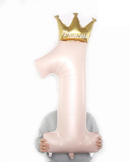 Balon din Folie Metalizata, Figurina Cifra 1, Model Coroana Printesa, 91 cm, Ambalaj Individual, Pai inclus, Umflare cu Aer sau Heliu