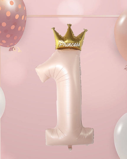 Balon din Folie Metalizata, Figurina Cifra 1, Model Coroana Printesa, 91 cm, Ambalaj Individual, Pai inclus, Umflare cu Aer sau Heliu