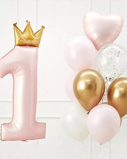 Balon din Folie Metalizata, Figurina Cifra 1, Model Coroana Printesa, 91 cm, Ambalaj Individual, Pai inclus, Umflare cu Aer sau Heliu