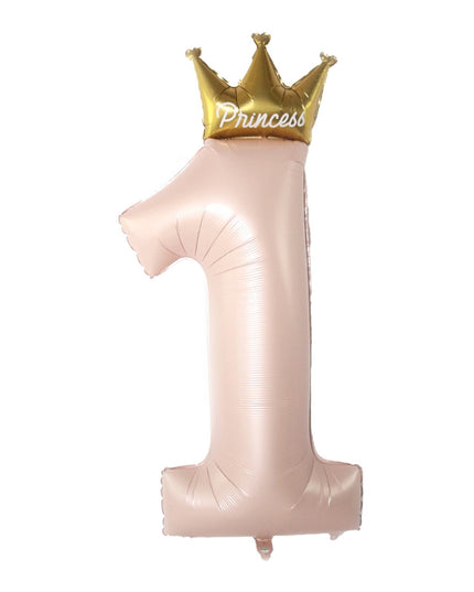 Balon din Folie Metalizata, Figurina Cifra 1, Model Coroana Printesa, 91 cm, Ambalaj Individual, Pai inclus, Umflare cu Aer sau Heliu