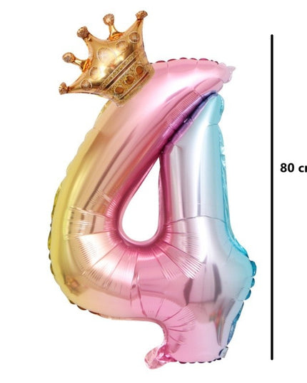 Balon din Folie Metalizata, Figurina Cifra Gradient, Tema Aniversare 80 cm, Ambalaj Individual, Pai inclus, Umflare cu Aer sau Heliu, Coronita, Cifra 4