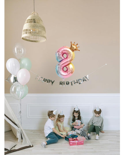 Balon din Folie Metalizata, Figurina Cifra Gradient, Tema Aniversare 80 cm, Ambalaj Individual, Pai inclus, Umflare cu Aer sau Heliu, Coronita, Cifra 8
