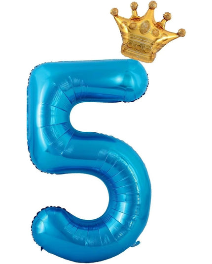 Balon din Folie Metalizata Figurina Cifra si Coroana, Tema Aniversare 100 cm, Ambalaj Individual, Pai inclus, Umflare cu Aer sau Heliu,Cifra 5