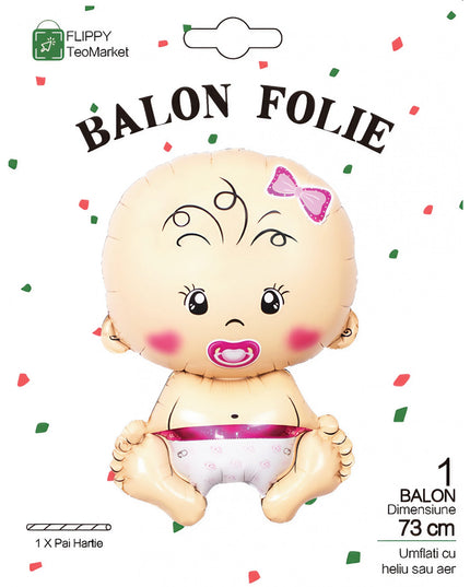 Balon din Folie Metalizata, Figurina Fetita, Tema Botez, 73x48 cm, Ambalaj Individual, Pai Inclus, Umflare cu Aer sau Heliu