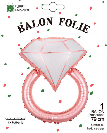 Balon din Folie Metalizata, Figurina Inel de Logodna, Model Diamant, Tema Nunta, 60 cm, Ambalaj Individual, Pai Inclus, Umflare cu Aer sau