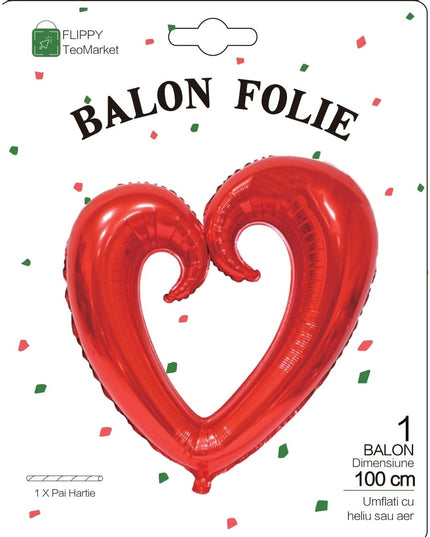 Balon din Folie Metalizata, Figurina Inima Gigantica, Tema Ziua Indragostitilor,Ambalaj Individual, Pai Inclus, Umflare cu Aer sau Heliu