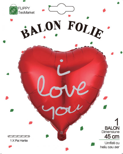 Balon din Folie Metalizata, Figurina Inima, Model I Love You Scris de Mana, Tema Ziua Indragostitilor,Ambalaj Individual, Pai Inclus, Umflare cu Aer sau Heliu