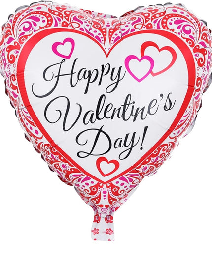 Balon din Folie Metalizata, Figurina Inimioara, Model Happy Valentine's Day, Tematica Iubire,Ambalaj Individual, Pai Inclus, Umflare cu Aer sau Heliu