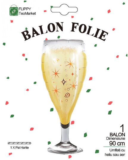 Balon din Folie Metalizata, Figurina Pahar de Sampanie, Tema Aniversare,Ambalaj Individual, Pai Inclus, Umflare cu Aer sau Heliu