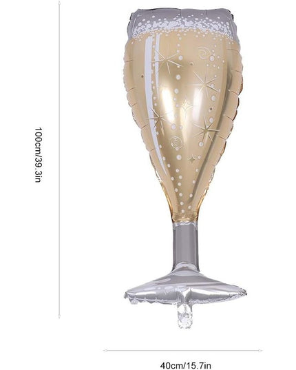 Balon din Folie Metalizata, Figurina Pahar de Sampanie, Tema Aniversare,Ambalaj Individual, Pai Inclus, Umflare cu Aer sau Heliu