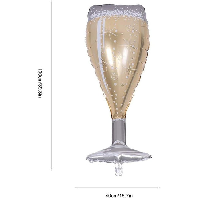 Balon din Folie Metalizata, Figurina Pahar de Sampanie, Tema Aniversare,Ambalaj Individual, Pai Inclus, Umflare cu Aer sau Heliu