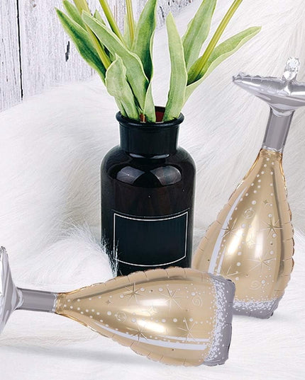 Balon din Folie Metalizata, Figurina Pahar de Sampanie, Tema Aniversare,Ambalaj Individual, Pai Inclus, Umflare cu Aer sau Heliu