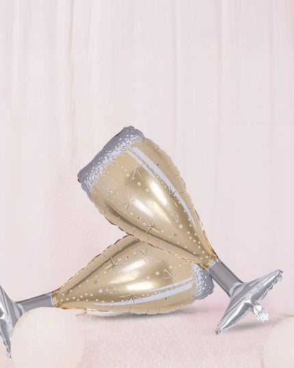 Balon din Folie Metalizata, Figurina Pahar de Sampanie, Tema Aniversare,Ambalaj Individual, Pai Inclus, Umflare cu Aer sau Heliu