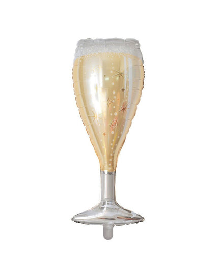 Balon din Folie Metalizata, Figurina Pahar de Sampanie, Tema Aniversare,Ambalaj Individual, Pai Inclus, Umflare cu Aer sau Heliu
