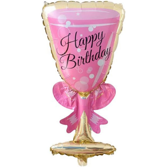 Balon din Folie Metalizata, Figurina Pahar de Vin, Tema Aniversare,Ambalaj Individual, Pai Inclus, Umflare cu Aer sau Heliu