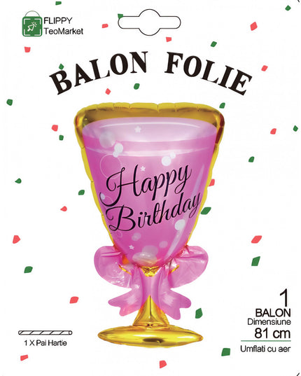 Balon din Folie Metalizata, Figurina Pahar de Vin, Tema Aniversare,Ambalaj Individual, Pai Inclus, Umflare cu Aer sau Heliu