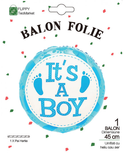 Balon din Folie Metalizata, Figurina Rotunda, Model It's a Boy, Tema Gender Reveal, 45 cm, Ambalaj Individual, Pai Inclus, Umflare cu Aer sau