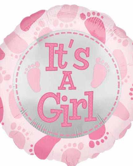 Balon din Folie Metalizata, Figurina Rotunda, Model It's a Girl, Tema Gender Reveal, 45 cm, Ambalaj Individual, Pai Inclus, Umflare cu Aer sau Heliu