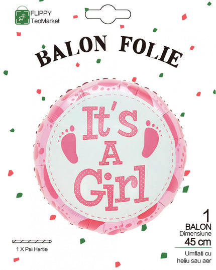 Balon din Folie Metalizata, Figurina Rotunda, Model It's a Girl, Tema Gender Reveal, 45 cm, Ambalaj Individual, Pai Inclus, Umflare cu Aer sau Heliu