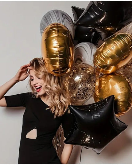 Balon din Folie Metalizata, Figurina Stea, Model Simplu, Tematica Aniversare,Ambalaj Individual, Pai Inclus, Umflare cu Aer sau Heliu