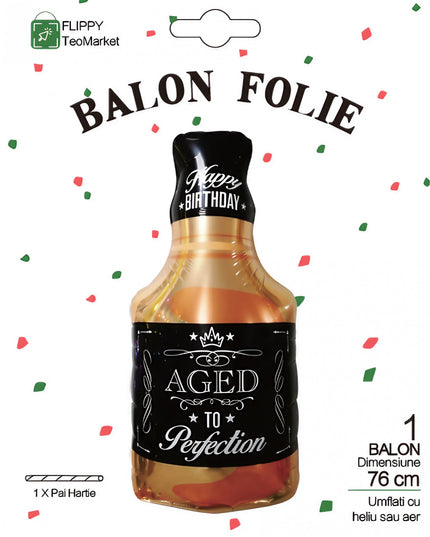 Balon din Folie Metalizata, Figurina Sticla de Whisky, Tema Aniversare,Ambalaj Individual, Pai Inclus, Umflare cu Aer sau Heliu