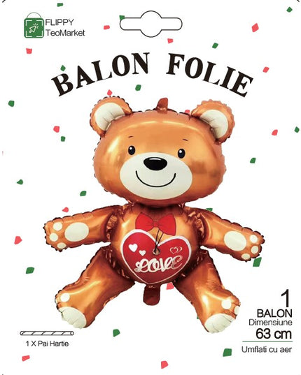Balon din Folie Metalizata, Figurina Urs, Model Love, Tema Ziua Indragostitilor,Ambalaj Individual, Pai Inclus, Umflare cu Aer sau Heliu