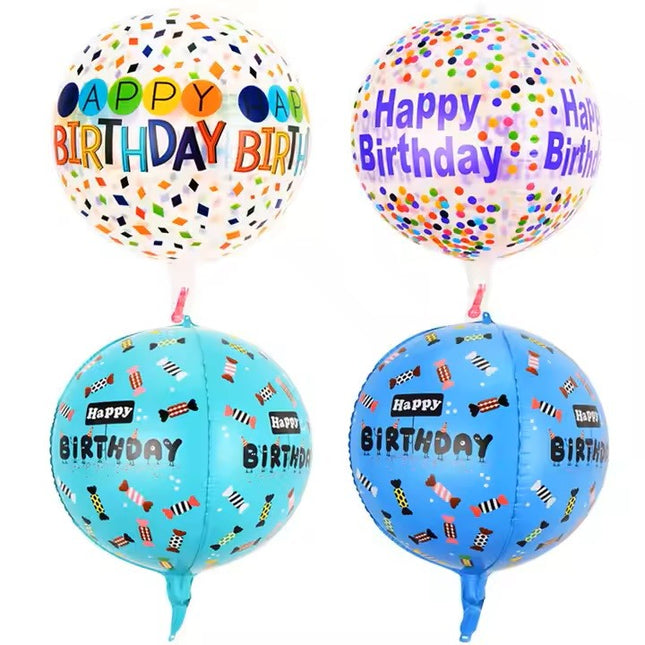 Balon din Folie Metalizata, Figurine 4D, Model Happy Birthday, Tematica Aniversara Bombonele,Ambalaj Individual, Pai Inclus, Umflare cu Aer sau Heliu, Blue