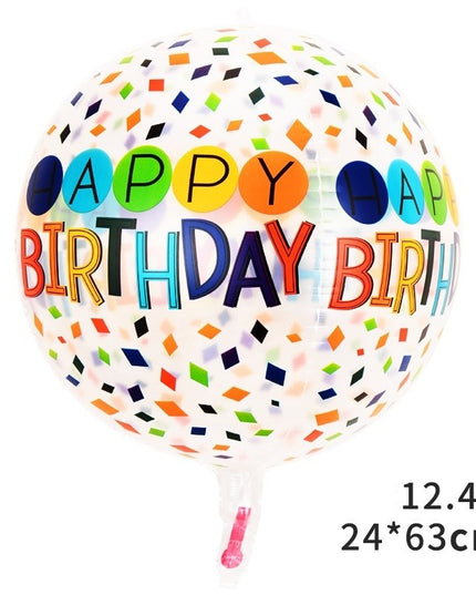 Balon din Folie Metalizata, Figurine 4D, Model Happy Birthday, Tematica Aniversara Bombonele, 63x24 cm, Ambalaj Individual, Pai Inclus, Umflare cu Aer sau Heliu, -
