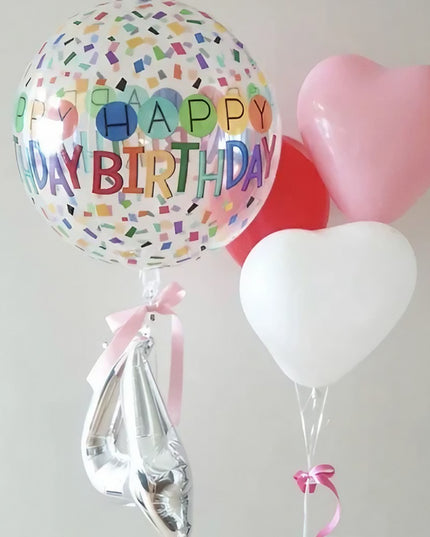 Balon din Folie Metalizata, Figurine 4D, Model Happy Birthday, Tematica Aniversara Bombonele, 63x24 cm, Ambalaj Individual, Pai Inclus, Umflare cu Aer sau Heliu, -