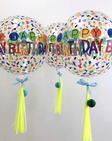 Balon din Folie Metalizata, Figurine 4D, Model Happy Birthday, Tematica Aniversara Bombonele, 63x24 cm, Ambalaj Individual, Pai Inclus, Umflare cu Aer sau Heliu, -