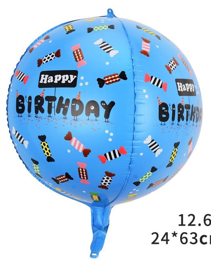 Balon din Folie Metalizata, Figurine 4D, Model Happy Birthday, Tematica Aniversara Bombonele, 63x24 cm, Ambalaj Individual, Pai Inclus, Umflare cu Aer sau Heliu, -