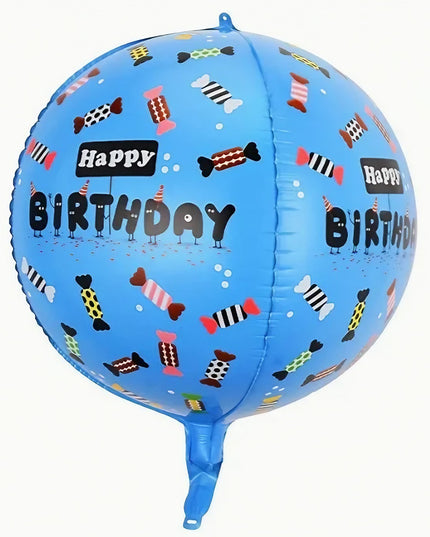 Balon din Folie Metalizata, Figurine 4D, Model Happy Birthday, Tematica Aniversara Bombonele, 63x24 cm, Ambalaj Individual, Pai Inclus, Umflare cu Aer sau Heliu, -