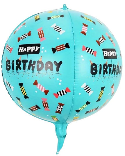 Balon din Folie Metalizata, Figurine 4D, Model Happy Birthday, Tematica Aniversara Bombonele,Ambalaj Individual, Pai Inclus, Umflare cu Aer sau Heliu, Blue