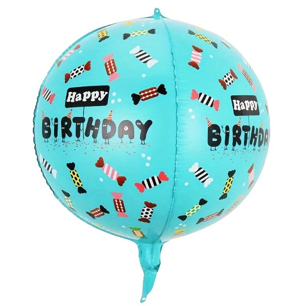 Balon din Folie Metalizata, Figurine 4D, Model Happy Birthday, Tematica Aniversara Bombonele,Ambalaj Individual, Pai Inclus, Umflare cu Aer sau Heliu, Blue
