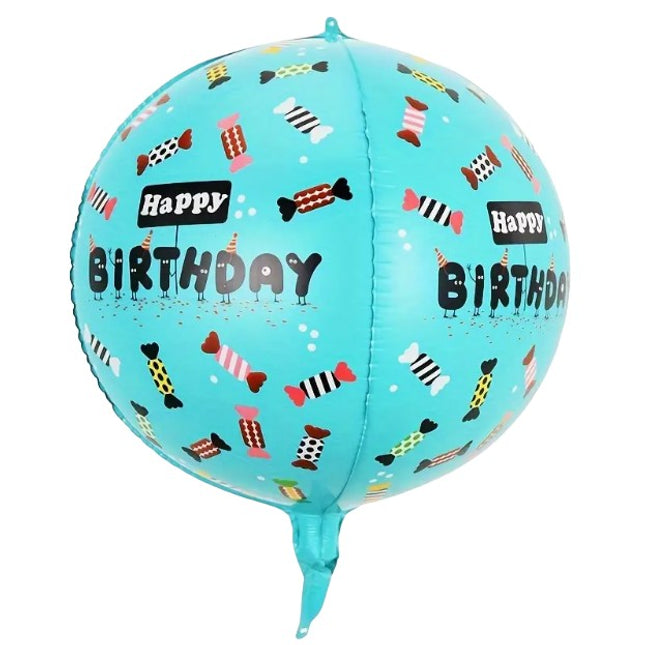 Balon din Folie Metalizata, Figurine 4D, Model Happy Birthday, Tematica Aniversara Bombonele,Ambalaj Individual, Pai Inclus, Umflare cu Aer sau Heliu, Blue