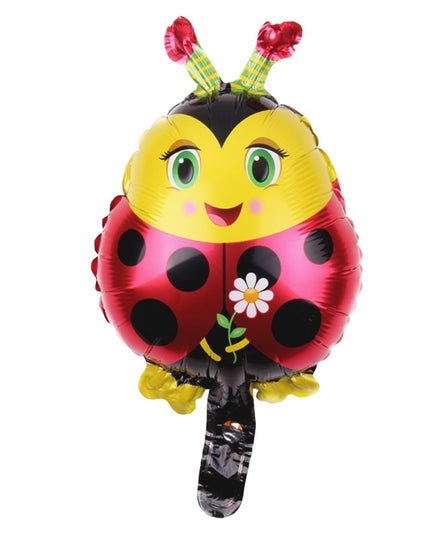 Balon din Folie Metalizata, Figurina Buburuza, Tema Animalute,Ambalaj Individual, Pai Inclus, Umflare cu Aer sau Heliu