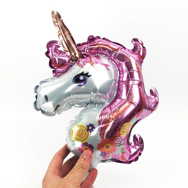Balon din Folie Metalizata, Figurina Unicorn, Tema Animalute,Ambalaj Individual, Pai Inclus, Umflare cu Aer sau Heliu