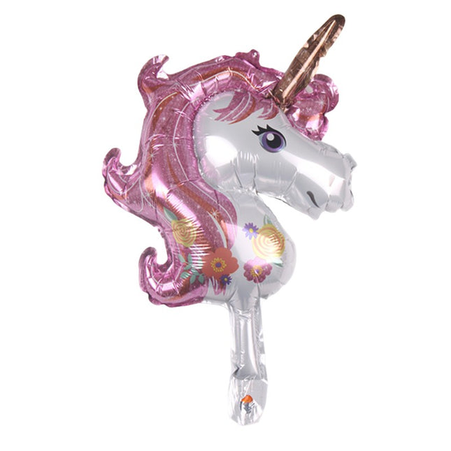 Balon din Folie Metalizata, Figurina Unicorn, Tema Animalute,Ambalaj Individual, Pai Inclus, Umflare cu Aer sau Heliu
