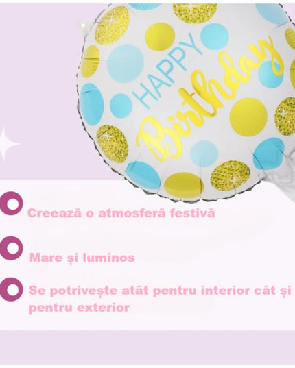 Balon din Folie Metalizata, Figurine, Model 5, Happy Birthday, Tematica Aniversare,Ambalaj Individual, Pai Inclus, Umflare cu Aer sau Heliu