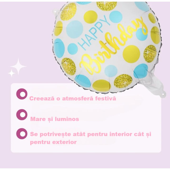 Balon din Folie Metalizata, Figurine, Model 5, Happy Birthday, Tematica Aniversare,Ambalaj Individual, Pai Inclus, Umflare cu Aer sau Heliu