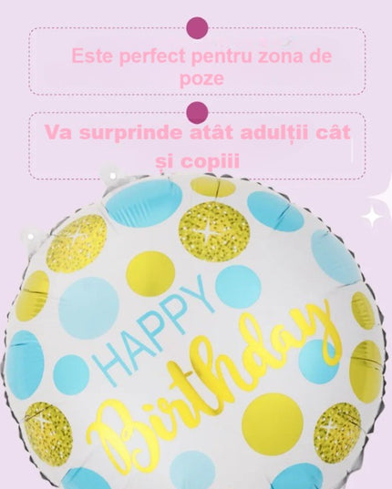 Balon din Folie Metalizata, Figurine, Model 5, Happy Birthday, Tematica Aniversare,Ambalaj Individual, Pai Inclus, Umflare cu Aer sau Heliu