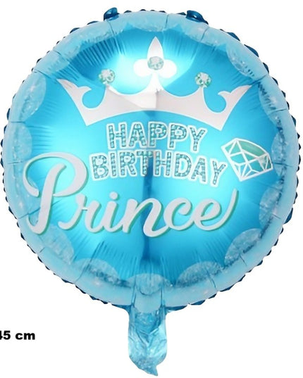 Balon din Folie Metalizata, Figurine, Model Prince, Happy Birthday, Tematica Aniversare,Ambalaj Individual, Pai Inclus, Umflare cu Aer sau Heliu