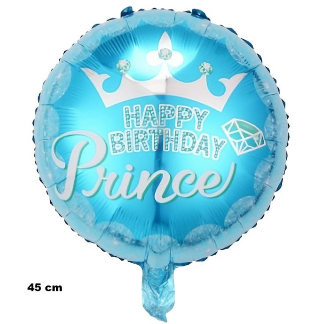 Balon din Folie Metalizata, Figurine, Model Prince, Happy Birthday, Tematica Aniversare,Ambalaj Individual, Pai Inclus, Umflare cu Aer sau Heliu