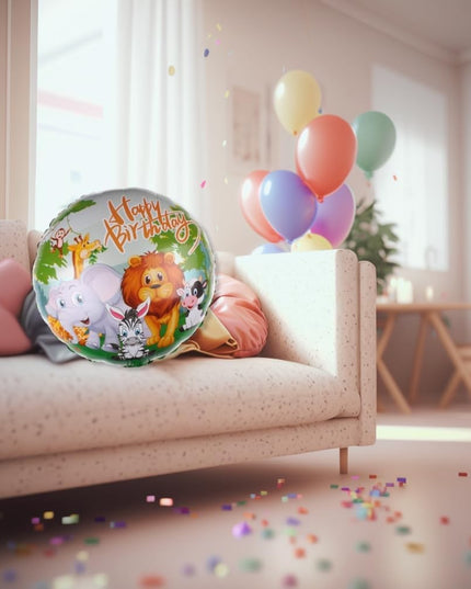 Balon din Folie Metalizata, Mini Figurina Rotunda, Model Animalute, Happy Birthday, Tematica Aniversare,Ambalaj Individual, Pai Inclus, Umflare cu Aer sau Heliu
