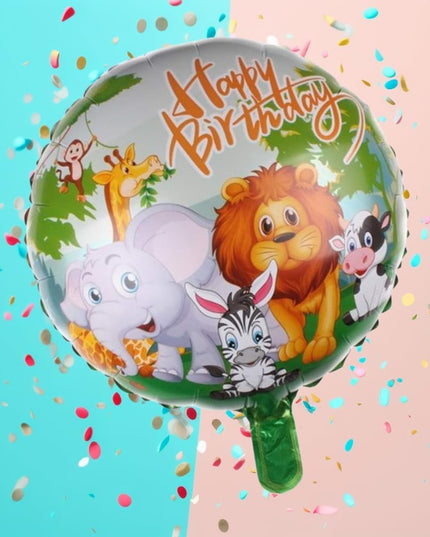 Balon din Folie Metalizata, Mini Figurina Rotunda, Model Animalute, Happy Birthday, Tematica Aniversare,Ambalaj Individual, Pai Inclus, Umflare cu Aer sau Heliu