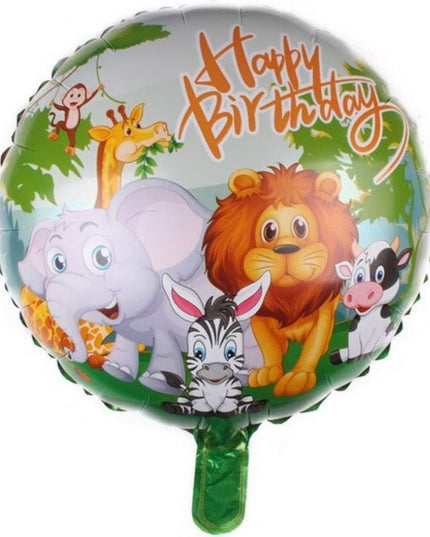 Balon din Folie Metalizata, Mini Figurina Rotunda, Model Animalute, Happy Birthday, Tematica Aniversare,Ambalaj Individual, Pai Inclus, Umflare cu Aer sau Heliu