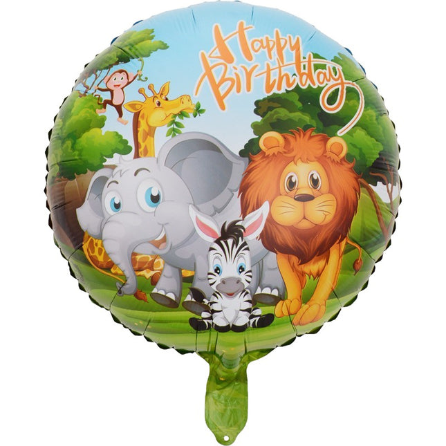 Balon din Folie Metalizata, Mini Figurina Rotunda, Model Animalute, Happy Birthday, Tematica Aniversare,Ambalaj Individual, Pai Inclus, Umflare cu Aer sau Heliu
